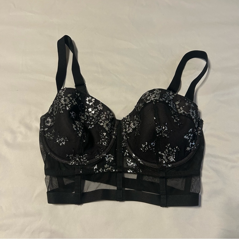 Victoria’s Secret Very Sexy Shine Lace Long Line Balconet Bra Black Pearl 34D